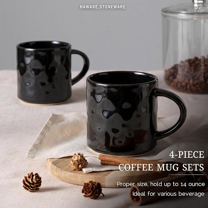 HaWare Coffee Mugs Set of 4, 14 Ounce, Matte Black | Stoneware Latte Cups With Handle, For Man, Woman, Dad, Mom, Drinking Cups for Cappuccino/Cocoa/Milk - Image 3