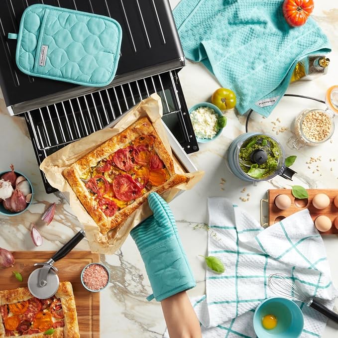 KITCHENAID Quilted Cotton Terry Cloth Oven Mitt, Pot Holder, Kitchen Towel 4-Pack Set, Heat Resistant, Silicone Grip, 16"x26", 7"x13" & 7"x10", Aqua Sky - Image 10