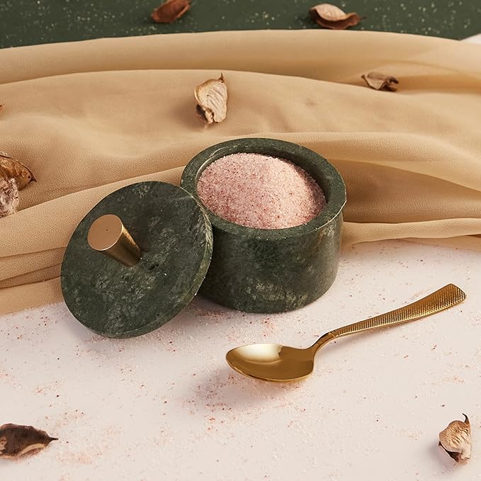 Queenza Green Marble Salt Cellar with Lid & Brass Knob - Natural Marble Spice Container for Kitchen Countertop, Gourmet Salt Holder, Small Decorative Storage Box, Gift for Home Chef - Image 2