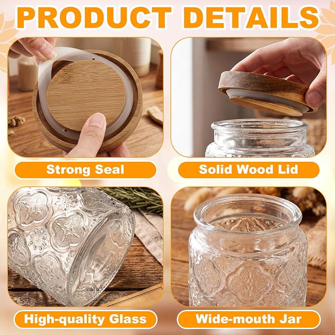 LemonRoad 4 Pcs Vintage Clear Glass Storage Jars 23.7 oz Mason Jar Canister with Wood Lids Food Storage Container for Cookie, Pantry, Candy Kitchen, Coffee, Tea, Flour, Sugar, Decorative Home Decor - Image 3