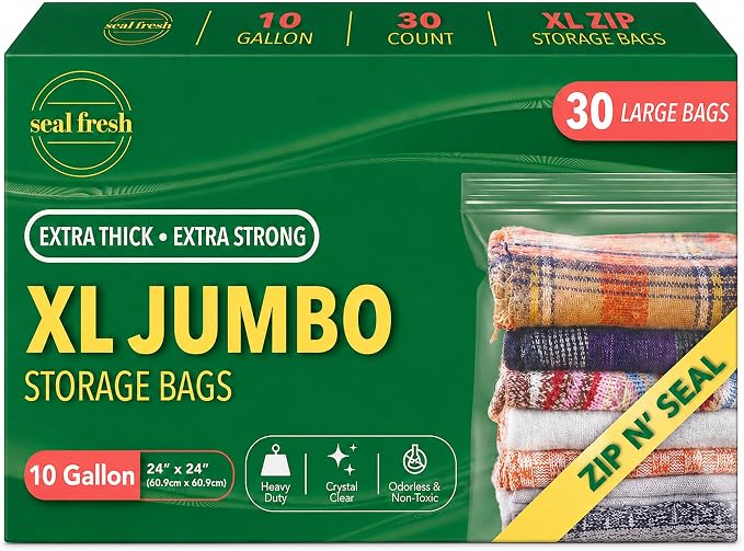 Seal Fresh 10 Gallon Large Plastic Storage Bags – 24" x 24" (30 Count) – Reusable XXL Extra Large Clear Jumbo Zip Bags with Sealable Zipper Top For Clothes, Travel, Moving by SealFresh