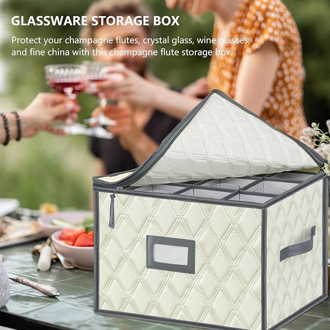 Christmas Stemware Storage Cases with Dividers- Holds 12 Wine Glass Storage or Crystal Glassware Containers, China Storage Containers with 2 Handles and Label Window -Set of 1 Beige - Image 2