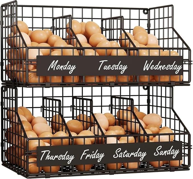 Egg Holder Countertop,Metal Egg Rack with Adjustable Dividers & DIY Labels | 2-Tier Stackable Wire Baskets, XXL Egg Basket for Gathering Fresh Eggs - Wall-Mounted Egg Storage, Chicken Coop Accessories - Image 8
