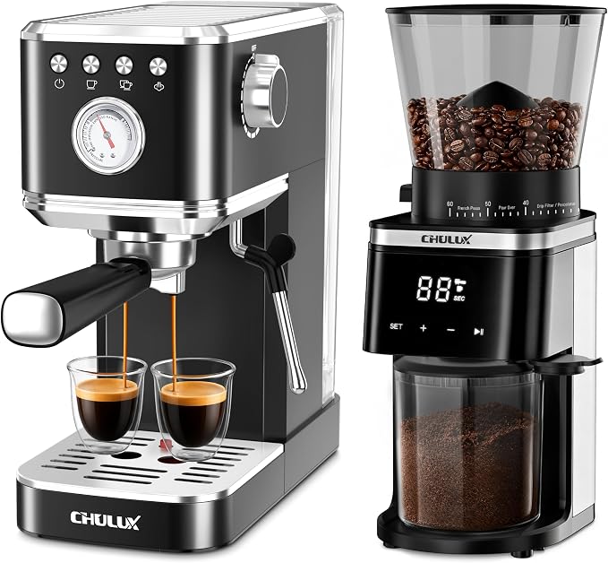 CHULUX Espresso Machine with Conical Burr Electric Coffee Grinder, Black by CHULUX
