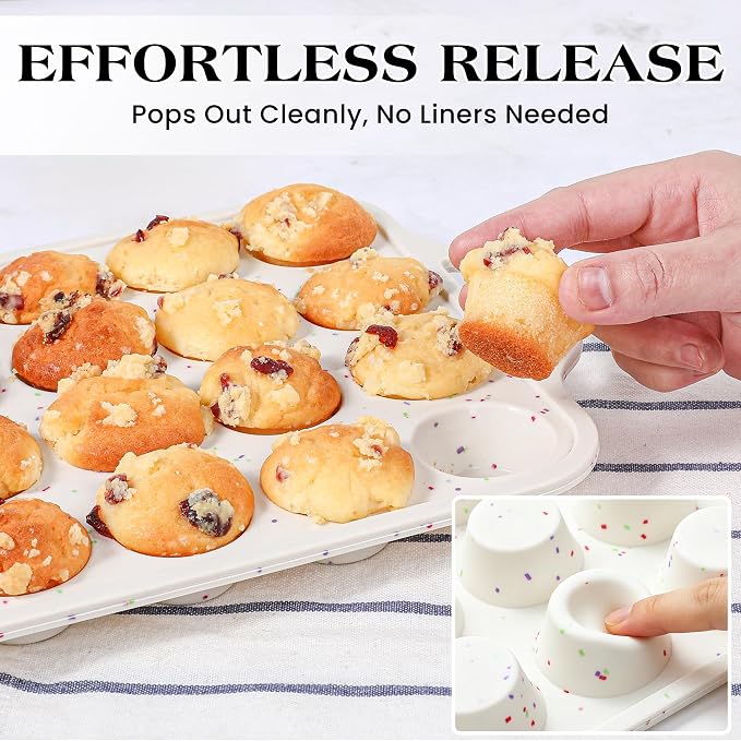2 Pcs Mini Muffin Pans with Metal Reinforced Frame, 24 Cups Nonstick Silicone Cupcake Tray for Baking, Food Grade Small Muffin Molds with Handles (Cream) | 24 Cups Nonstick Silicone Cupcake Tray for Baking, Food Grade Small Muffin Molds with Handles (C... - Image 3