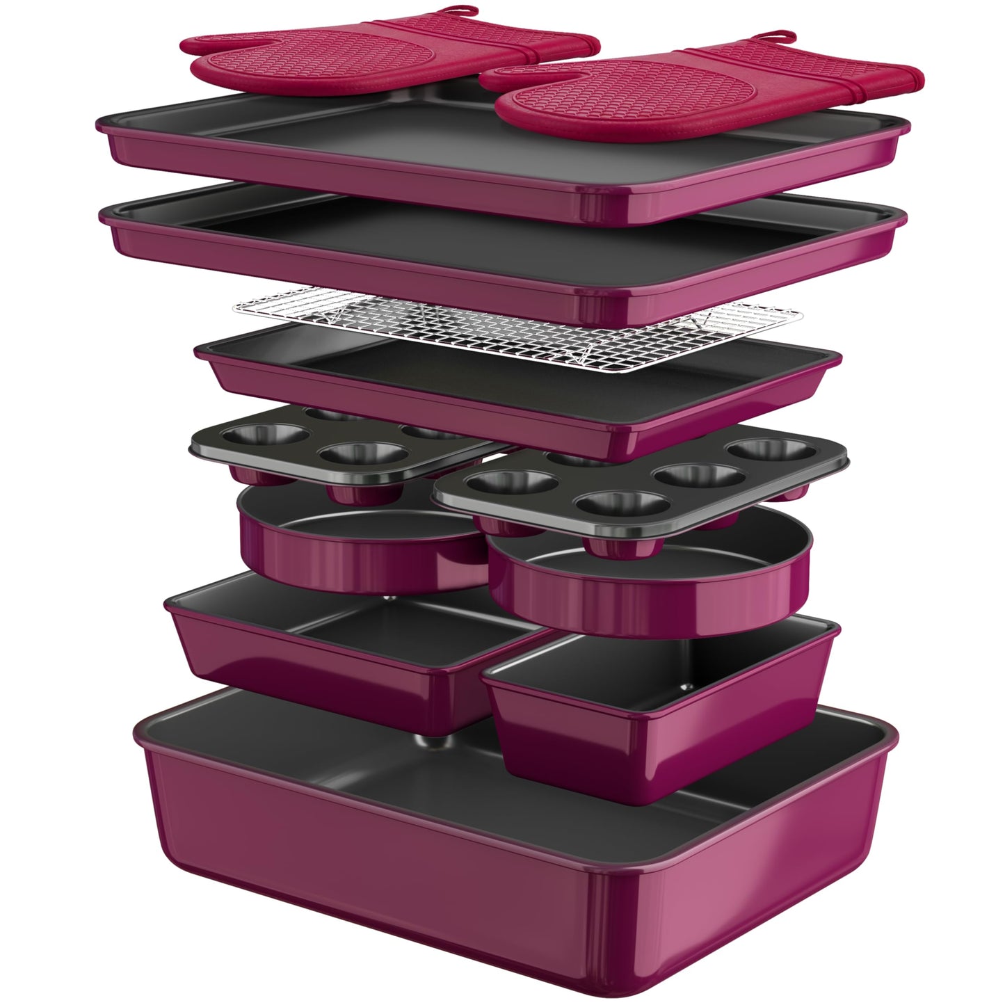 Wildone 13-Piece Baking Pans Set Nonstick - Stackable Bakeware Sets Including Cookie Sheets for Baking, Rack, Muffin Pan, Cake pan, Loaf Pan, Roasting Pan, Heavy Duty & Easy Clean, Plum