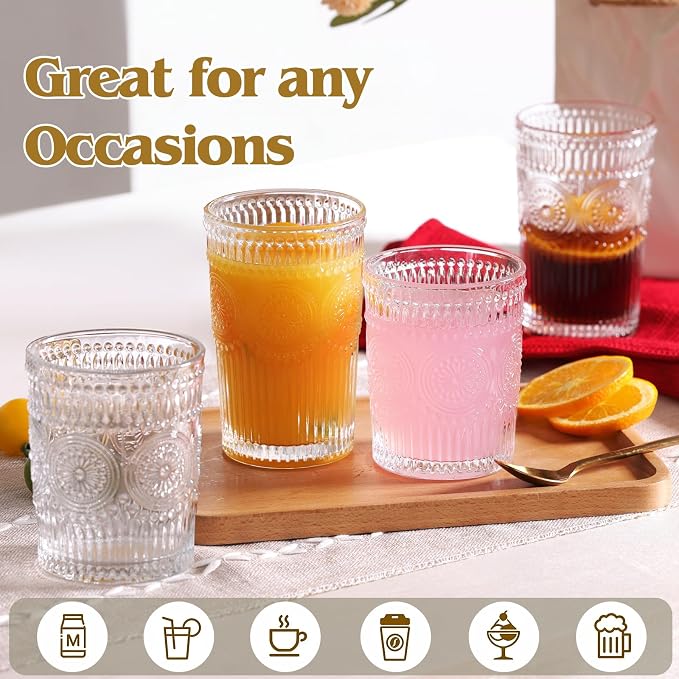 Moretoes Vintage Drinking Glasses Set of 12,Textured Striped Glass Cups | Clear 6 Highball Glasses 12oz & 6 Rocks Glasses 10oz, Mixed Glassware Set, Mojito Cups, Cocktail Glass, Iced Coffee Cup - Image 6