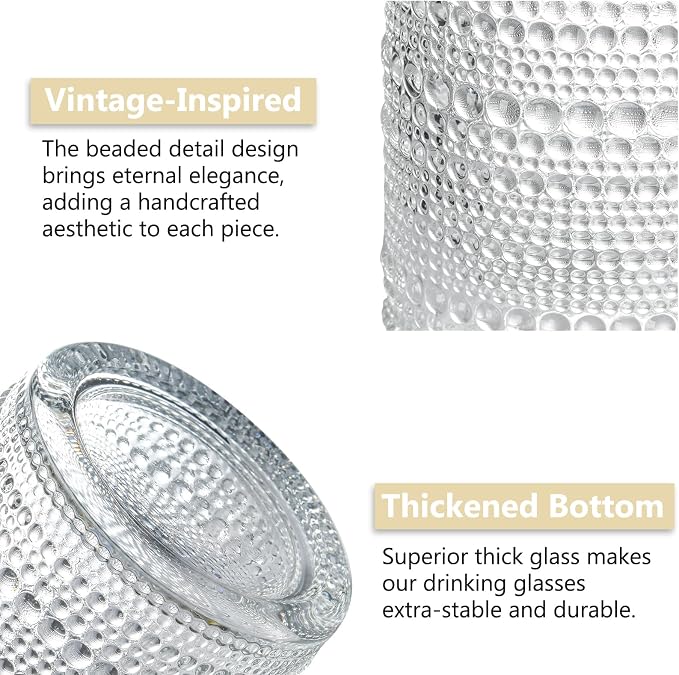 Hobnail Drinking Glasses Set of 12, 12 oz Highball Glassware & 10 oz Cocktail Glasses, Vintage Embossed Beaded Glass Cups for Kitchen,Beer,Soda, Whiskey,and Beverages,Dishwasher Safe - Image 5