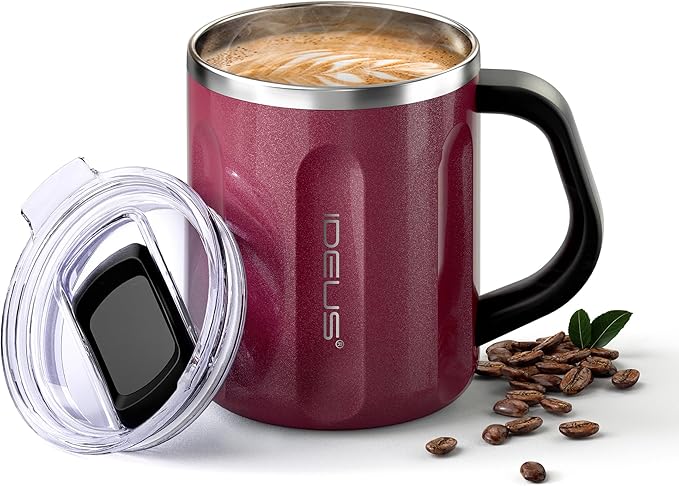 Ideus 16 oz Insulated Coffee Mug with Handle and Lid, Double Wall Stainless Steel Vacuum Thermal Coffee Mug, Travel Coffee Cup Thermal Cup for Home and Office, Burgundy-FUJI FLOW by IDEUS