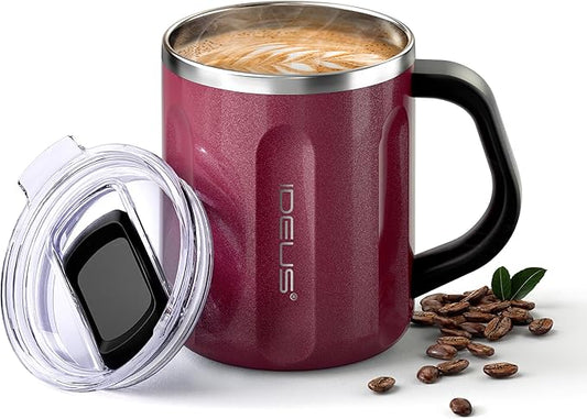 Ideus 16 oz Insulated Coffee Mug with Handle and Lid, Double Wall Stainless Steel Vacuum Thermal Coffee Mug, Travel Coffee Cup Thermal Cup for Home and Office, Burgundy-FUJI FLOW by IDEUS