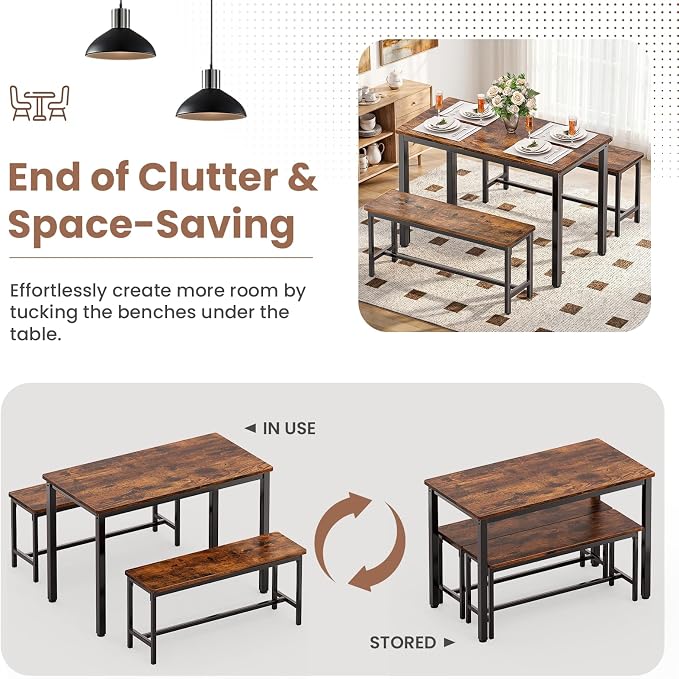 Dining Table Set for 4, Kitchen Table with 2 Benchs, Brown | Modern Functional 3 Piece Space-Saving Dining Room Table Set for Apartment, Breakfast Nook, Small Space - Image 8