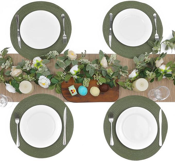 SHACOS Round Placemats Set of 12 Washable 15 inch Round Table Mats Cotton Polyester Woven Braided Place Mats for Dining Table Wedding Party Decor (Olive Green, 12) - Image 3