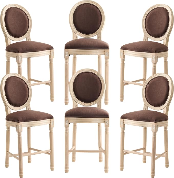 French Country Barstool, Linen Farmhouse Counter Height Chair | Set of 6, with Cushion Round Back and Solid Wood Legs, Oval Chairs for Restaurant, Bar, Kitchen, Café, Brown by RCDDFurniture