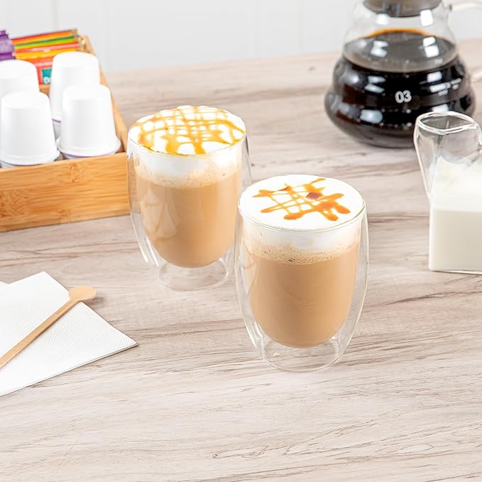 Restaurantware-Forma Professional 11.8 Ounce Double Wall Coffee Cups, 2 Insulated Latte Glasses - Dishwashable, Reusable, Clear Glass Beverage Cups, Freezable, For Hot Or Cold Beverages