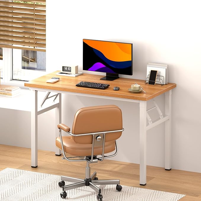 DlandHome 39 inches Folding Table Computer Desk Portable ActivityTable Conference Table Home Office Desk, Fully Assembled Teak and White DND-ND5-100TW | Foldable Writing Table for Small Spaces Bedroom, No Assembly Required, Wood Top Metal Frame, Collap... - Image 2