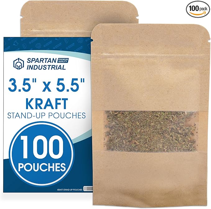 3.5" X 5.5" Kraft Resealable Stand-Up Pouches - Pack of 100 | Small Storage Bags for Smell-Proof Food Storage and Packaging, Pet Treats, Cosmetics, and More - Spartan Industrial by SpartanIndustrial