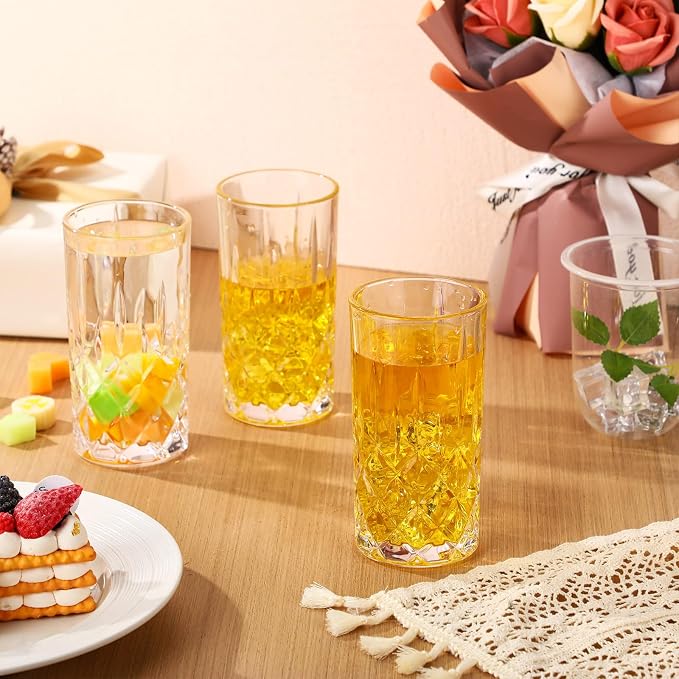 Uiifan Set of 12 Tall Highball Glasses 12 oz Crystal Drinking Glasses Clear Fancy Cups Vintage Textured Designer Glassware for Cocktail Tea Water Beer Soda Beverages, Dishwasher Safe (Classic Style) - Image 4