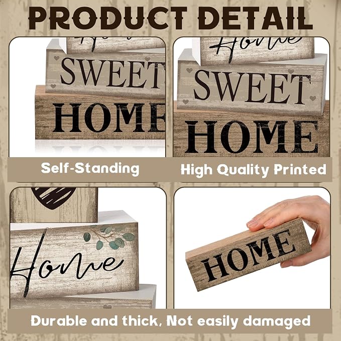Moucuny 4 Pcs Farmhouse Table Decor Rustic Home Sweet Home Tiered Tray Decorations Retro Wooden House Shaped Block Signs Farmhouse Stacked Table Decoration for Housewarming Gifts Kitchen Mantle Shelf - Image 9