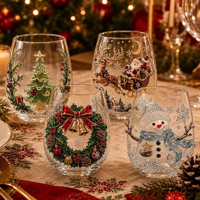 Christmas Wine Glasses, 12oz Stemless Holiday Glassware with Festive Style (Christmas Glasses Set of 4 (A)) by Lifmagic
