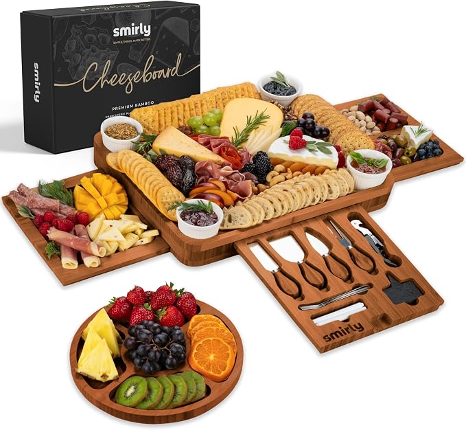 SMIRLY Charcuterie Boards Set, Large Cheese Board Set, Carbonized Bamboo | House Warming Gift, Wedding Gift for Couple, Bridal Shower Gift, Cheese Board Gift Set, Detachable Drawer Design, 3-Drawer by Smirly