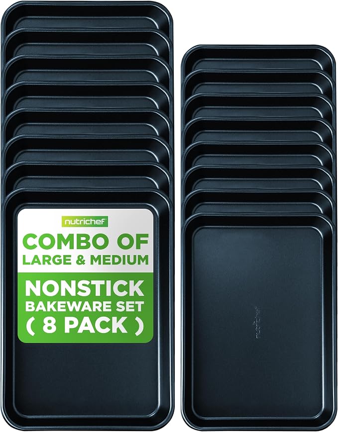 NutriChef 16-Piece Baking Pan Set, Non-Stick Cookie Sheet Bakeware, Durable Food-Grade Metal, Easy-to-Clean Oven Trays, Dishwasher Safe, Includes 8 Large (15.7") & 8 Medium Pans (13.4"), Blue Diamond by NutriChef%E2%84%A2Kitchen