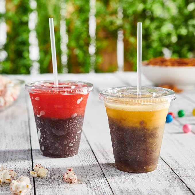 GUSTO [12 oz - 100 Sets Clear Plastic Cups with Lids and Straws – Disposable Iced Coffee Cups for Cold Drinks, Smoothies, Boba, and To-Go Beverages – Sturdy, Easy-to-Separate