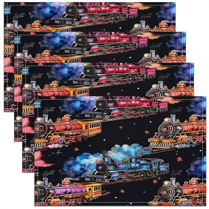Feelyou Train Placemats Set of 4 12x18 Inch Colorful Steam Engine Table Mats for Party Kitchen Dining Decoration Holiday Seasonal Train Transportation Place Mat for Dinner Table Indoor Outdoor Decor by Feelyou