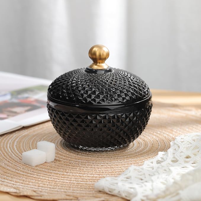 Joeyan 12 oz Small Black Glass Jars with Lid,Embossed Glass Candy Dishes,Diamond Faceted Food Container,Decorative Jewelry Box Apothecary Canisters,Colored Kitchen Bathroom Buffet Storage Organizer - Image 2