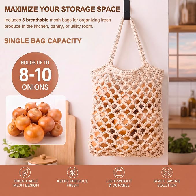 Honeydak Boho Decor Hanging Wall Baskets for Kitchen 3 Pack Teardrop Baskets with Hooks Storage Fruit Onion Vegetable Potato for Home(White,Mesh,Cotton Rope) - Image 5