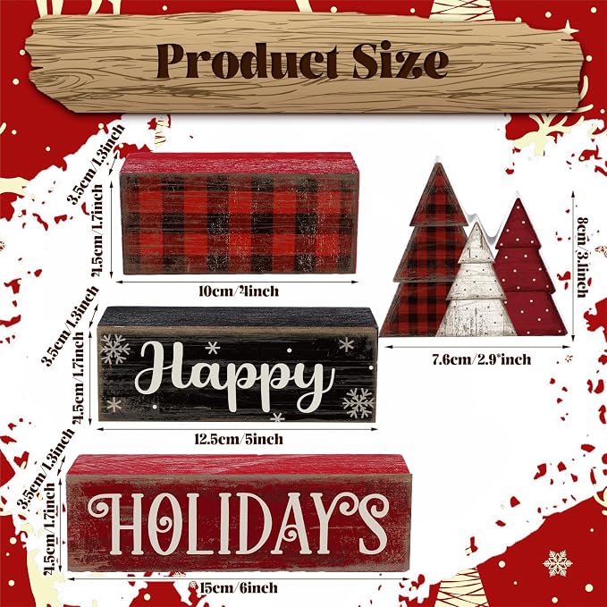 Moucuny 4 Pcs Christmas Table Decor Wooden Tree Decoration Christmas Centerpiece Winter Tiered Tray Decor Decorative Red and Black Buffalo Plaid Block Signs Gift Farmhouse Xmas Decoration for Kitchen - Image 3