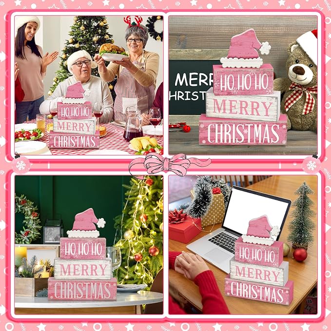 Moucuny 4 Pcs Christmas Table Decorations Pink Santa Hat Decor Christmas Tiered Tray Decor Rustic Wood Pink Hat Block Sign Gift Xmas Table Centerpiece Farmhouse for Home Shelf Kitchen Decorations - Image 5