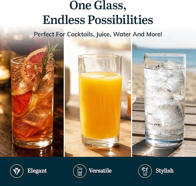 Heavy Base Drinking Glasses Set of 8, Weighted Clear Water Cups | 15.5 oz Capacity for Water, Juice, Soda, Cocktails, and More with Weighted Base and Dishwasher-Safe Cleanup - Image 7