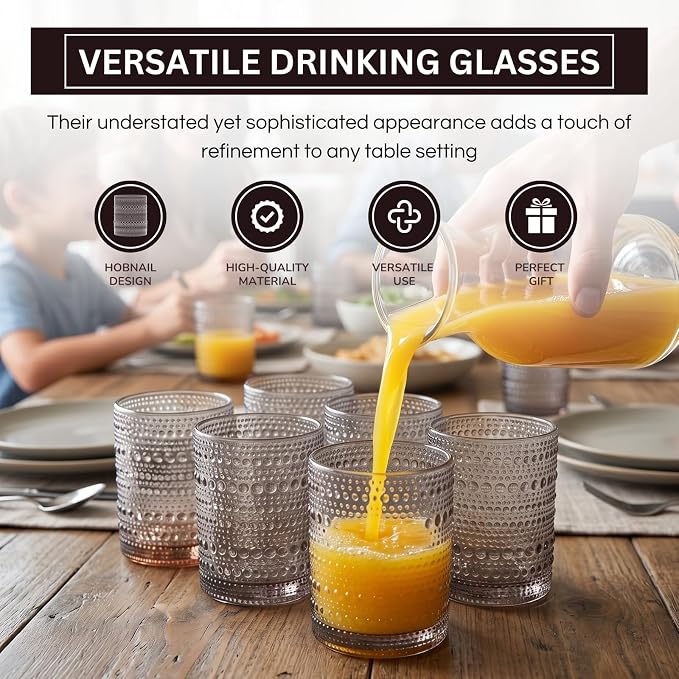 Khen Beaded Tumbler Drinking Glasses Set | Set of 6 | Vintage Hobnail 11 OZ Bubble Design Whiskey Glassware, Old-Fashioned, Embossed Design Glass for Water, Wine, Cocktail HAND WASH ONLY (Grey) - Image 4