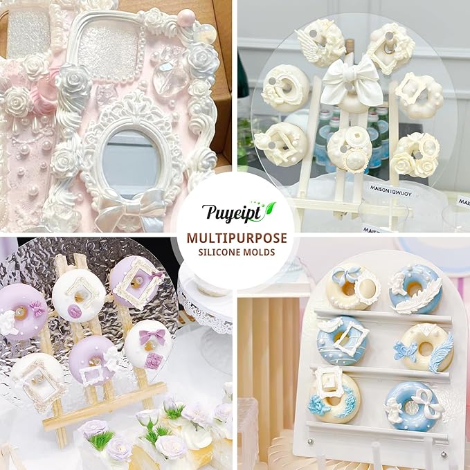 4 Pcs Photo Frame Silicone Molds, Vintage Picture Photo Frames Fondant Molds for Cupcake Topper, Chocolate, Candy, Donut Cake Puck Decoration and Clay Craft Making