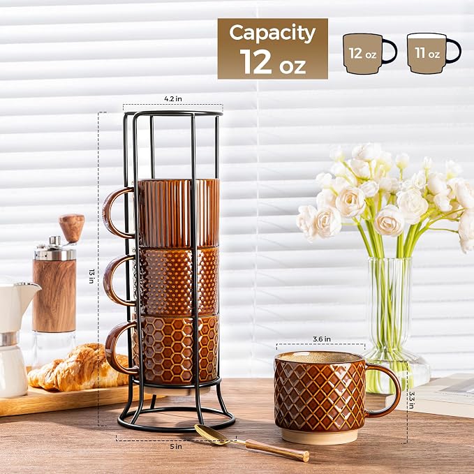 GBhome 12 OZ Stackable Coffee Mugs Set of 4, Ceramic Coffee Cups Set | Coffee Mugs With Stand, Dishwasher&Microwave Safe, 4 Assorted Designs - Image 3