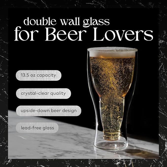 Dragon Glassware Upside Down Beer Glasses, 13.5 oz Set of 2 - Clear | Double Wall Insulated Beer Glass Set of 2; Upside Down Design; Holds One Full Bottle; Freezer Safe - Image 2