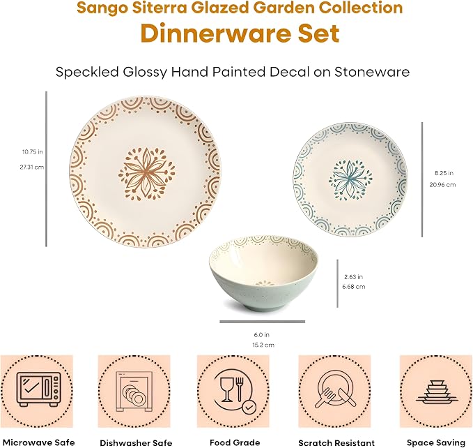 Sango 12-Piece Speckled Stoneware Dinnerware Set for 4- Glossy Plates and Bowls Set with Hand-Painted Floral Pattern, Rustic Ceramic Dish Set, Elegant Dishes for Everyday Dining, Siterra Glazed Garden - Image 2