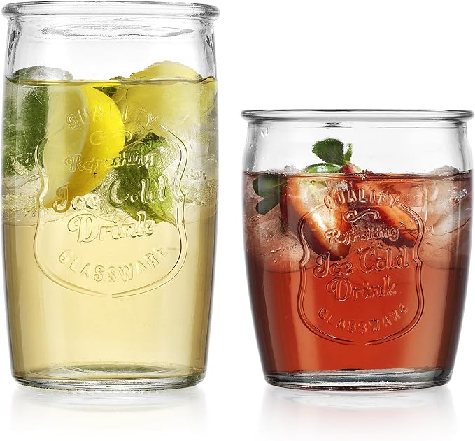 Glaver's Ice Cold Set of 8 Drinking Glasses 4-20 Oz Highball Glasses, and 4-13 Oz Whiskey Glass Cups For Everyday Home Use Water glasses, Beer, Juice, Cocktail. by Glavers