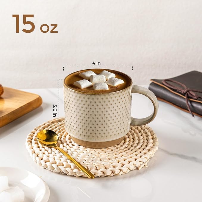 GBhome 15 OZ Stackable Coffee Mugs Set of 4, Ceramic Coffee Cups Set | 4 Assorted Designs, Embossed Mugs with Texture Patterns for Tea/Coffee, Dishwasher&Microwave Safe, Pale Khaki - Image 3
