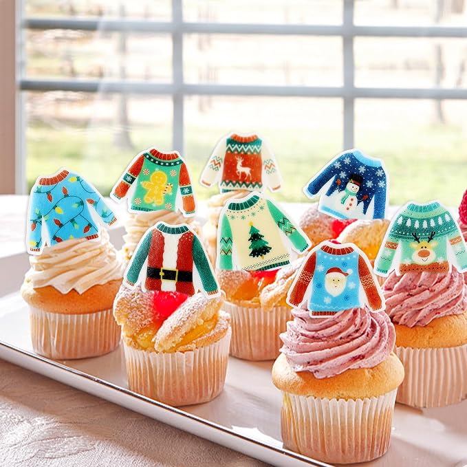 40PCS Edible Ugly Sweater Cupcake Toppers Wafer Paper Christmas Cupcake Toppers Picks Merry Christmas Theme Holiday Baby Shower Birthday Party Cake Decorations Supplies - Image 5