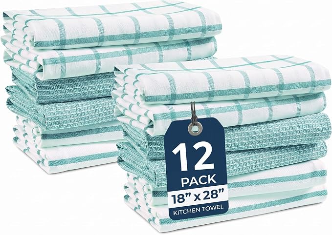 LANE LINEN Kitchen Towels & Dishcloths Set of 12-100% Cotton, Quick-Drying 18” x 28” Absorbent Dish & Tea Towels, Soft Hand Towels for Kitchen - Aqua by LaneLinen