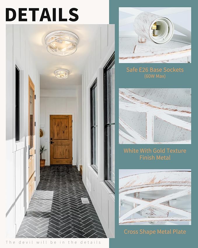 2 Pack Close to Ceiling Light Fixtures, 3-Lights Cage Flush Mount Ceiling Light, 13 Inch White and Gold Semi Flush Mount Ceiling Light for House Bedroom Laundry Hallway Kitchen - Image 5