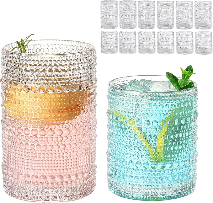 ZMOWIPDL Drinking Glasses Set of 12,Clear 12oz & 15oz Hobnail Glass Cups | Vintage Glassware，Embossed Water Tumbler,for Beer,Cocktail,Whiskey,Juice and Various Mixed Drinks- 1 Cleaning Brush by ZMOWIPDL