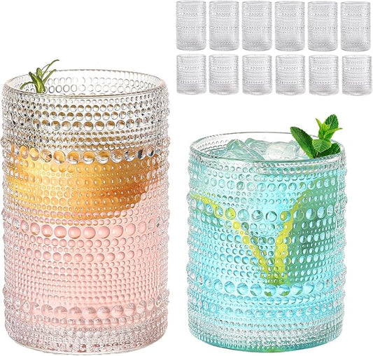 ZMOWIPDL Drinking Glasses Set of 12,Clear 12oz & 15oz Hobnail Glass Cups | Vintage Glassware，Embossed Water Tumbler,for Beer,Cocktail,Whiskey,Juice and Various Mixed Drinks- 1 Cleaning Brush by ZMOWIPDL
