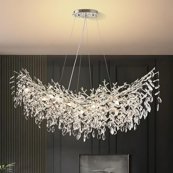 55" Crystal Tree Branch Chandelier Chrome Rectangular Chandelier | 16 Lights Luxury Raindrop Chandeliers Modern Hanging Pendant Light Fixtures for Dining Room Kitchen Island Living Room by KJLARS