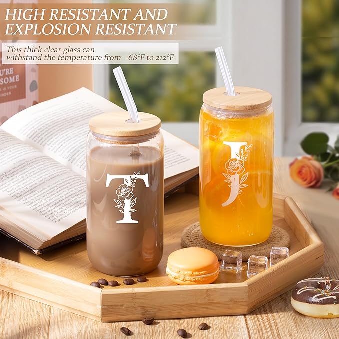 Personalized Gifts for Women, Monogrammed Gifts for Women, Initial 16 oz Glass Cups With Lids and Straws, Customized Mug, Personalized Birthday Gifts Christmas Gifts for Her Mom Friend Woman, T