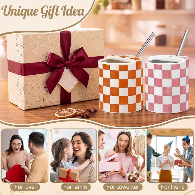 6 Pack Checkered Ceramic Coffee Mug with Sip Hole 10 oz Espresso Cup with Straws Retro Hand Painted Checkered Porcelain Coffee Tea Cup Cappuccino Latte Mug for Kitchen Dining Travel - Image 6