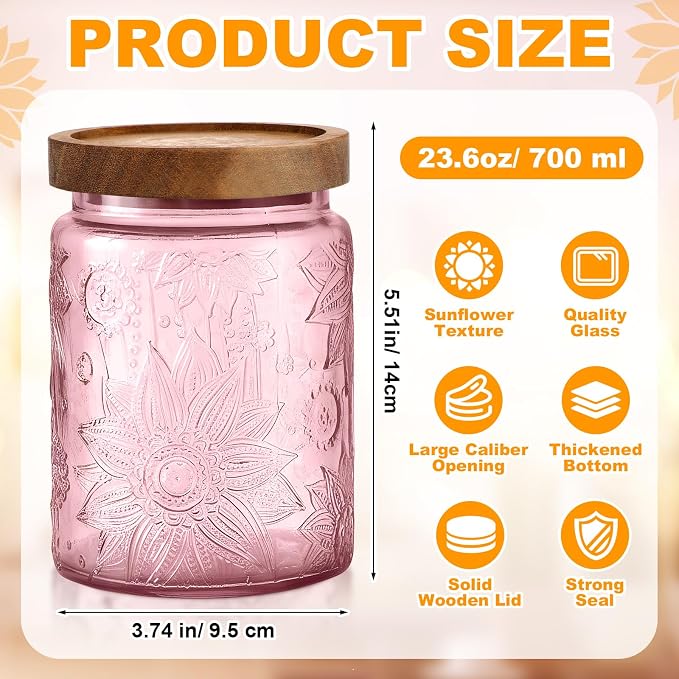 LemonRoad 2 Pcs Vintage Glass Storage Jars 23.67 oz Candy Jar Canister with Solid Wood Lids Food Storage Container for Kitchen, Ground Coffee, Tea, Sugar, Decorative Mason Cookie Jars (Pink) - Image 2