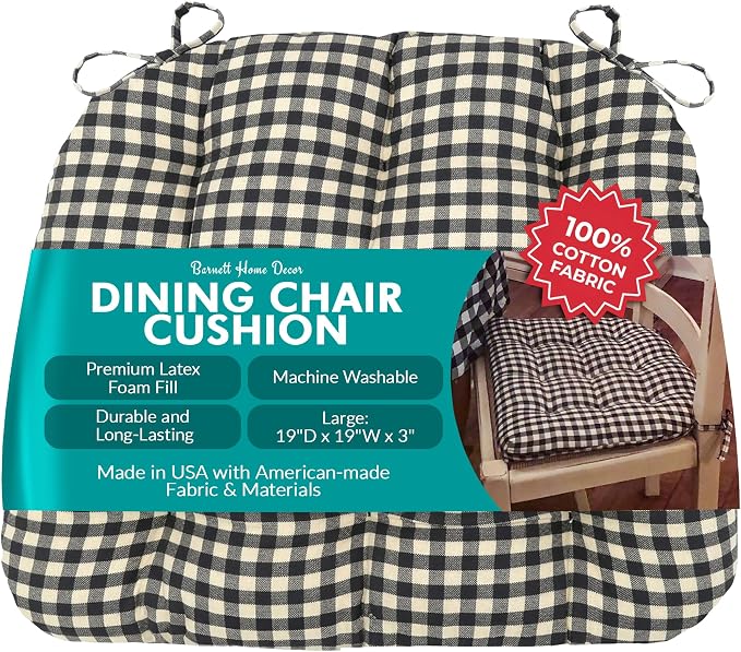 Barnett Home Decor Farmhouse Check Black & White Dining Chair Pad with Ties - 19 x 19 Size Large Chair Cushion - Latex Foam Fill - 100% Cotton, Made in USA - Machine Washable (Black & White) by BarnettHomeDecor