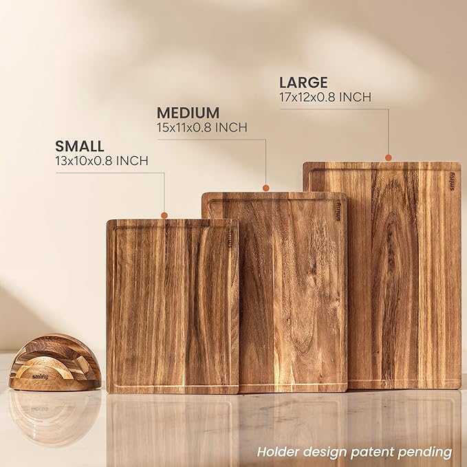 SMIRLY Cutting Boards for Kitchen, 3 Piece Acacia Cutting Board with Stand | Non Toxic Cutting Board with Juice Grooves and Handles, Multiple Sizes Wood Chopping Board for Meat Vegetable Charcuterie - Image 5